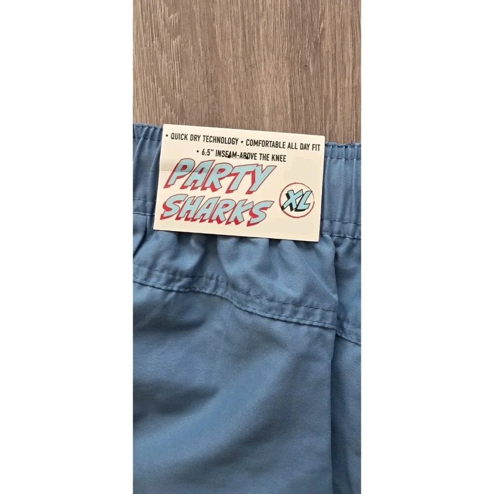 Party Sharks Swim Trunks XL Blue Graphic Beach Shorts‎ Mesh Lined